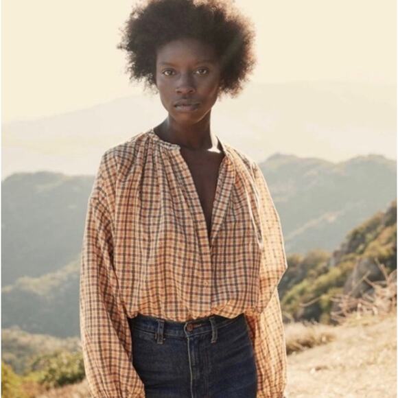 DOEN The Jane Blouse Orange Meringue Plaid Print S - Picture 3 of 9